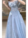 Unique A Line Off The Shoulder Blue Prom Dresses Tulle Inspiration Long Party Night Gowns 20th Birthday Outfits HZ0311