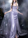 Modest Mermaid Strapless Lilac With Slit Sequins Prom Dresses Inspiration Long Party Evening Dress 21st Birthday Outfits HZ0311
