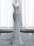 Modest Mermaid Square Neck Sequins With Beaded Silver Gray Prom Dresses Inspiration Long Party Evening Dress 19th Birthday Outfits HZ0311
