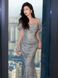 Unique Mermaid Off The Shoulder Blue Prom Dresses Inspiration Long Party Night Gowns 20th Birthday Outfits HZ0311