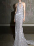 Modest Mermaid Halter Sleeveless Sequins Prom Dresses Inspiration Long Party Evening Dress 21st Birthday Outfits HZ0311