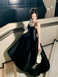 Modest A line Spaghetti Straps Black Satin Prom Dresses Wedding Guest Dress 16th Party Birthday Outfits HZ0311