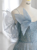 Modest Ball Gown Spaghetti Straps Dusty Blue Tulle Prom Dresses Inspiration Long Party Night Evening Dress 20th Birthday Outfits HZ0311
