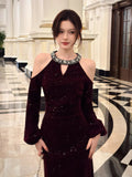 Sexy Mermaid Jewel Neck Burgundy Velvet Long Sleeves Ankle Length Prom Dresses Wedding Guest Dress 22th Birthday Outfits HZ0311