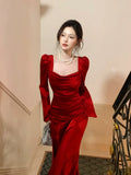 Modest Mermaid Square Neck Red Satin Long Sleeves Prom Dresses Wedding Guest Dress Birthday Outfits HZ0311