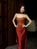Classy Mermaid Spaghetti Strap Burgundy Satin Ankle Length Pleated Prom Dress Aesthetic Graduation Birthday Outfits HZ0311