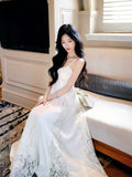 Elegant A Line Spaghetti Strap White Lace Long Pleated Prom Dress Aesthetic Graduation Birthday Outfits HZ0311