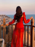 Modest Mermaid Sweetheart Red Satin Long Sleeves Prom Dresses Wedding Guest Dress 16th Birthday Outfits HZ0311