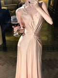 Modest A Line Halter Pink Satin Backless Prom Dresses Wedding Guest Dress 20th Birthday Outfits HZ0311