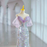 Modest Mermaid Off The Shoulder Lilac Sequins Prom Dresses Inspiration Long Party Night Evening Dress 19th Birthday Outfits HZ0311