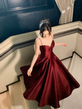 Modest A line Spaghetti Straps Burgundy Satin Prom Dresses Wedding Guest Dress 20th Party Birthday Outfits HZ0311