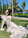 Elegant Mermaid Square Neck Floral Chiffon Blue Long Sleeves Prom Dresses 16th Nigh Party Birthday Outfits HZ0311