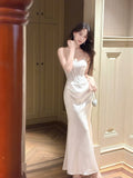 Elegant Mermaid Spaghetti Strap White Satin Long Pleated Prom Dress Aesthetic Graduation Evening Outfits HZ0311