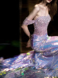Elegant Mermaid Off The Shoulder Lilac Sequins Prom Dresses Inspiration Long Party Evening Dress 19th Birthday Outfits HZ0311