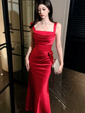 Elegant Sheath Square Neck Satin Red Ankle Length Prom Dresses 17th Nigh Party Birthday Outfits HZ0311