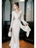 Sexy Mermaid V Neck Long Sleeves Ankle Length Prom Dresses Wedding Guest Dress 22th Birthday Outfits HZ0311