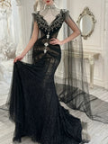 Modest Prom Dresses Aesthetic Mermaid V Neck Black Tulle Inspiration With Long Sleeves Cape Long Party Formal Gown HZ0311