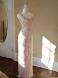 Glittery Sheath Spaghetti Straps Pink Tassel Pink Prom Dresses Inspiration Long Party Evening Dress 20th Birthday Outfits HZ0311