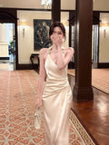 Modest Sheath Halter Ivory Satin Evening Dresses Wedding Guest Dress Nigh Dance 20th Birthday Outfits HZ0311