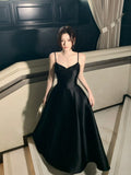 Modest A line Spaghetti Straps Black Satin Prom Dresses Wedding Guest Dress 16th Party Birthday Outfits HZ0311