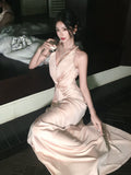 Modest A Line Halter Pink Satin Backless Prom Dresses Wedding Guest Dress 20th Birthday Outfits HZ0311