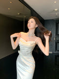 Modest Mermaid Spaghetti Straps Satin Ivory Prom Dresses Wedding Guest Gown 18th Nigh Party Birthday Outfits HZ0311