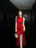 Elegant Sheath Scoop Red Satin Slit Ankle Length Prom Dresses 17th Nigh Party Birthday Outfits HZ0311