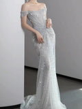 Modest Mermaid Off The Shoulder Silver Sequins With Pleated Prom Dresses Inspiration Long Party Night Evening Dress 19th Birthday Outfits HZ0311