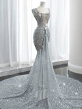 Modest Mermaid Square Neck Sequins With Beaded Silver Gray Prom Dresses Inspiration Long Party Evening Dress 19th Birthday Outfits HZ0311