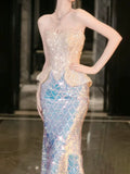 Modest Mermaid Strapless Sequins Champagne Prom Dresses Inspiration Long Party Evening Dress 21st Birthday Outfits HZ0311