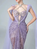 Sparkly Mermaid Evening Dress Halter Lilac Sequins Prom Dress Long Party Dress 21st Birthday Outfits HZ0311