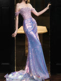 Elegant Mermaid Off The Shoulder Lilac Sequins Prom Dresses Inspiration Long Party Evening Dress 19th Birthday Outfits HZ0311