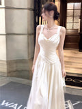 Modest A line Straps Ivory Satin Long Evening Dresses Wedding Guest Dress 20th Birthday Outfits HZ0311