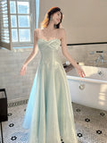 Classy A Line Spaghetti Strap Ice Blue Ankle Length Pleated Prom Dress Aesthetic Graduation Birthday Outfits HZ0311