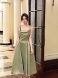 Elegant A line Square Neck Green Satin Ankle Length Prom Dresses 17th Nigh Party Birthday Outfits HZ0311