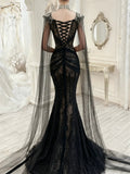 Modest Prom Dresses Aesthetic Mermaid V Neck Black Tulle Inspiration With Long Sleeves Cape Long Party Formal Gown HZ0311