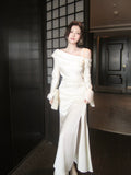 Elegant Mermaid Off The Shoulder White Silky Satin Ankle Length Prom Dresses 16th Nigh Party Birthday Outfits HZ0311