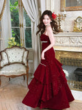 Elegant Mermaid Spaghetti Strap Burgundy Velvet Long Layered Prom Dress Aesthetic Long Graduation Evening Outfits HZ0311
