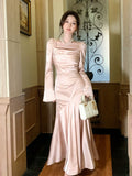 Modest Mermaid Square Neck Pink Satin Long Sleeves Prom Dresses Wedding Guest Dress 16th Birthday Outfits HZ0311