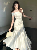 Elegant Mermaid Off The Shoulder White Long Prom Dresses 16th Nigh Party Birthday Outfits HZ0311