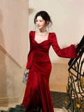 Modest Mermaid Square Neck Red Satin Long Sleeves Prom Dresses Wedding Guest Dress Birthday Outfits HZ0311