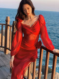 Modest Mermaid Sweetheart Red Satin Long Sleeves Prom Dresses Wedding Guest Dress 16th Birthday Outfits HZ0311