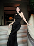 Modest Mermaid Halter Black Long Prom Dresses Wedding Guest Dress 20th Birthday Outfits HZ0311