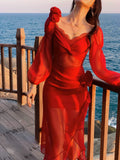 Modest Mermaid Sweetheart Red Satin Long Sleeves Prom Dresses Wedding Guest Dress 16th Birthday Outfits HZ0311