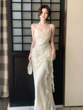 Modest Mermaid Spaghetti Straps Sequins Ivory Prom Dresses Wedding Guest Gown 16th Nigh Party Birthday Outfits HZ0311