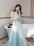 Classy A Line Spaghetti Strap Ice Blue Ankle Length Pleated Prom Dress Aesthetic Graduation Birthday Outfits HZ0311