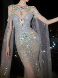 Sparkly Wedding Dresses Mermaid Scoop Neck With Long Sleeves Cape Silver Gray Sequins Brides Dress For Brides Fitted Bridal Gown HZ0311