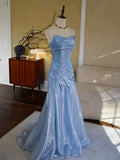 Vintage Mermaid Strapless Blue Long Prom Dresses With Pleated Inspiration Party Night Evening Dress 18th Birthday Outfits HZ0311