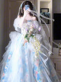 Unique Ball Gown Off The Shoulder Blue With Short Sleeves Prom Dresses Inspiration Party Night Gowns 16th Birthday Outfits HZ0311