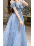 Unique A Line Off The Shoulder Blue Prom Dresses Tulle Inspiration Long Party Night Gowns 20th Birthday Outfits HZ0311